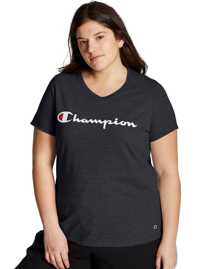 Champion Plus Jersey V-Neck Script Logo T-Shirt Dames - Zwart - Belgie 4658ESIWC